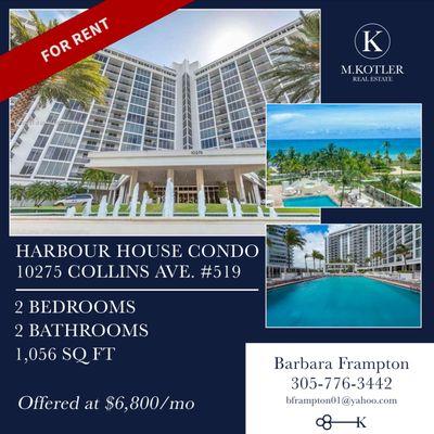 Listed For Rent‼
 Harbour House Condo
 10275 Collins Avenue
 519
 Bal Harbour, FL
 2 Bedrooms
 2 Bathrooms
 1056 Square Feet
 Spect