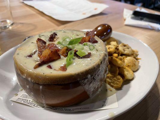 Clam Chowder with bacon. Was pretty good. The crackers were seasoned. So make sure try before tossing in soup.