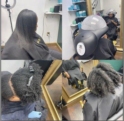 Natural hair shampoo ,treatment , blow dry  and flat iron .