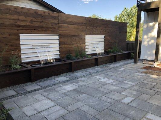 Paver patio, wall feature and waterfalls