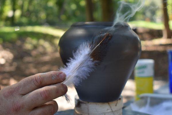 Raku firing with feathers @ IDEA Studio, Hilton Head Island, SC