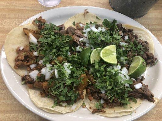 Left two are pastor, top middle is carnitas, top right carne asada, bottom right barbacoa