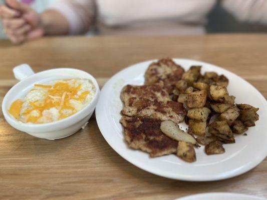 Chicken Sausage Combo Breakfast with cheese added to grits!