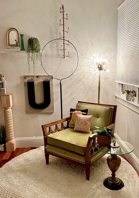 From Ramble: Green chair and glass top side table