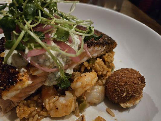 Salmon with shrimp, scallops and crab ball.