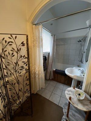 Jacuzzi, showerheads, and sink. Toilet not pictured, but in a small room by itself.