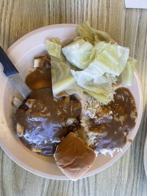 Hamburger, steak, brown gravy, onions, cabbage, rice, and gravy