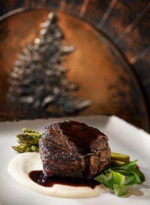 Filet of Beef: Porcini Mushroom Crusted Filet of Beef with Sunchoke Purée White Balsamic Roasted Asparagus Cabernet Jus