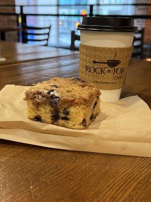 Blueberry crumb cake and small coffee.