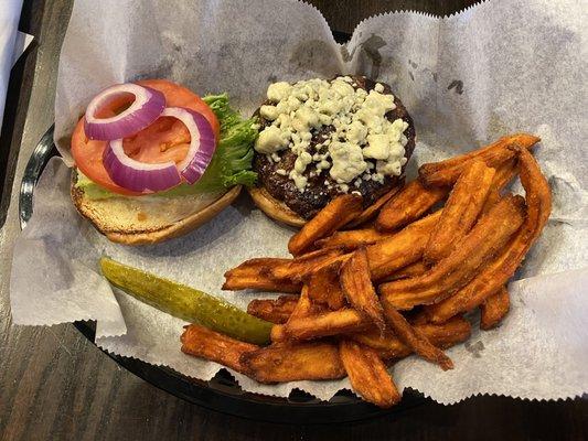 The Black and Blue Burger with sweet potato fries