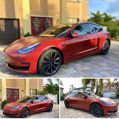 Tesla Model 3 Performance Satin Vampire Red wrap