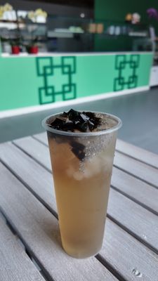 Artichoke Tea sweetened rock sugar, serve with grass jelly and chia seed. The best drink you can  ask for in the hot summer heat