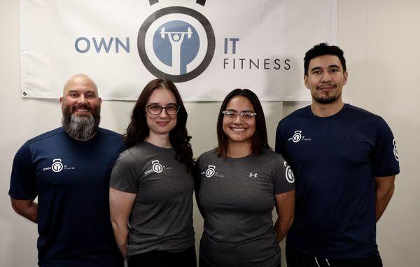 The Own It Fitness Team: Miguel-Owner & CEO, Taylor-Studio Manager, Fabiola-Head Trainer, Alberto-Personal Trainer