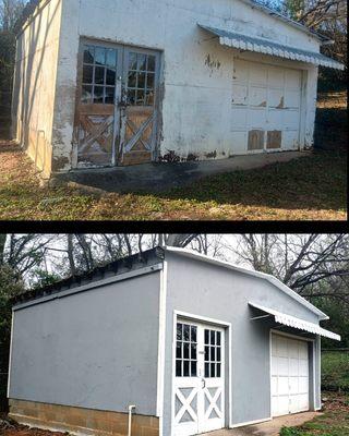 Before and after photo of the exterior of a garage that was revamped