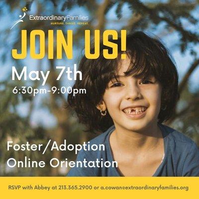 Learn more about the Foster/Adoption Process! Inquire with Abbey, our Family Recruitment Specialist, at a.cowan@extraordinaryfamilies.org