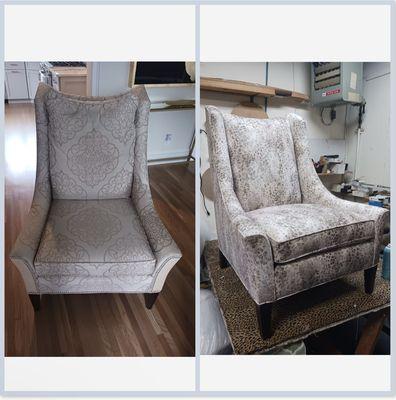 Before and after of a reupholstered club chair.