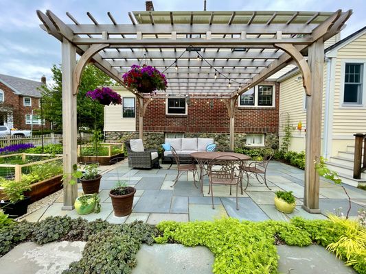 Cedar Pergola built over beautiful bluestone patio.