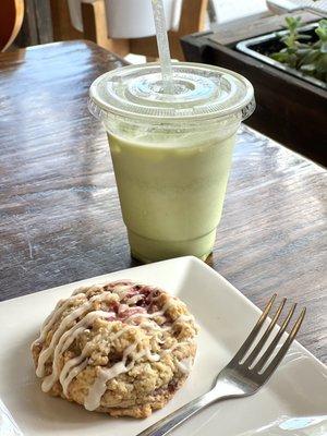 Matcha latte and raspberry lemon scone