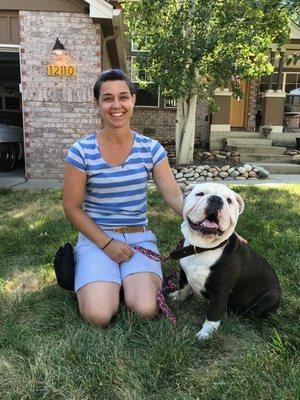 George and his fur mommy. He no longer pulls on the leash and has knowledge of his basic commands.