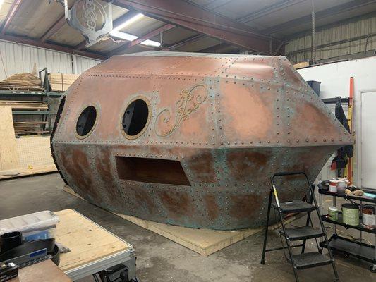 Submarine for mini golf course!  Parts cut out on the CNC, assembled and painted in a copper patina.