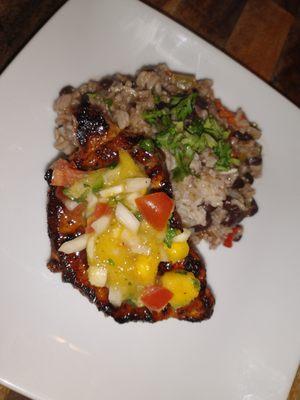 Grilled Pork Chop with Mango Salsa and Cuban Dirty Rice