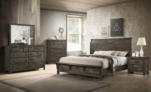 Rustic Modern Sleigh Bedroom Group. This Bed Features a Bench Foot-board! Available in King and Queen!