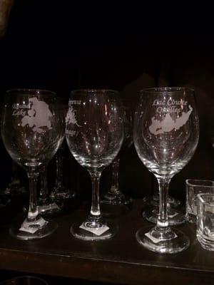 Wine glasses etched with the Northwoods lakes