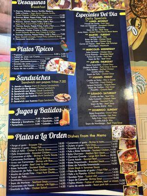 Menu. Pupusas, breakfast, daily lunch specials.