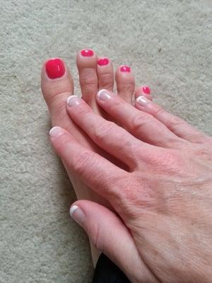 French gels on fingers and pink polish on toes. ..pretty good job