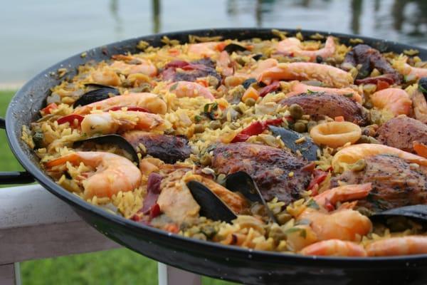 Paella made on the deck at my kitchen studio in San Francisco.  "Tapas" class.