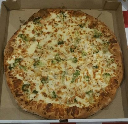 Chicken, broccoli, alfredo pizza