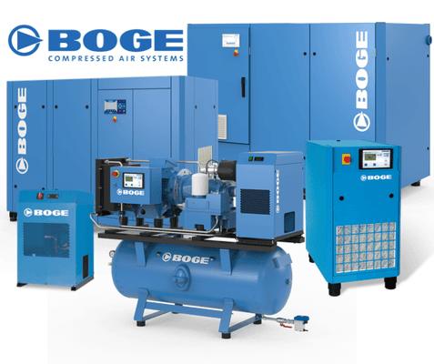 BOGE Oil-Injected Screws, Oil-Free Screws, Refrigerated Dryers & Air Treatment Products; Call us for a quote today!