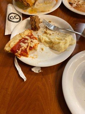 Pizza, meatloaf, and mashed potatoes