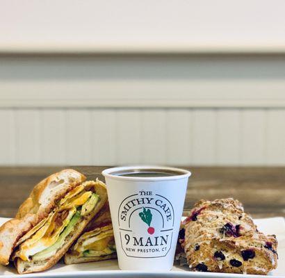 Southwest Egg Sandwich, Blueberry Lemon Scone & Fresh Brewed Local Organic Coffee