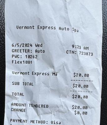 Receipt showing the cost for the car wash.