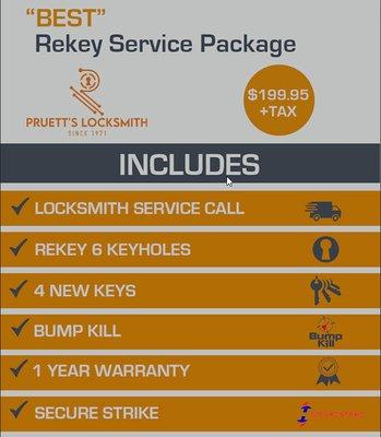 Our upgraded residential rekey service package is all inclusive of the trip charge, rekeying of up to 6 keyholes, 4 new key copies and a 1 y