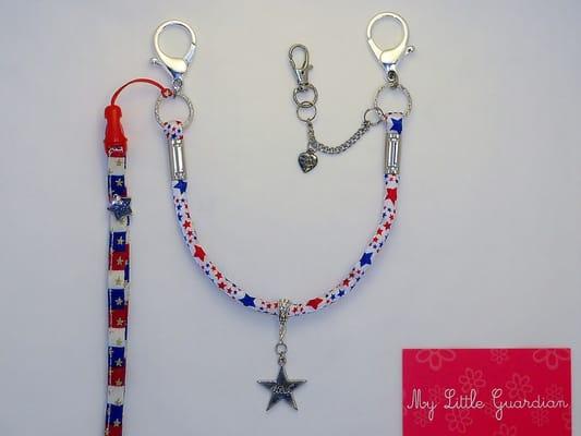 My Sweet Little American, WISH star charm, silky R/W/B fabric, R/W/B & gold stars bracelet, made with love charm