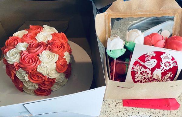 Rose Red Velvet cake and rose Cake pops.