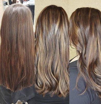 Before (left) and after pic of my balayage, trim, and style by Emma!