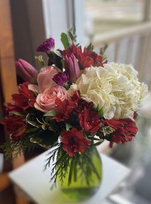 Fresh Floral Arrangement with Hydrangeas and pink tulips