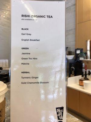 Hot tea menu