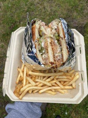 Veggies torta with fries: rice and beans, avocado, jalapeños, lettuce, and tomato