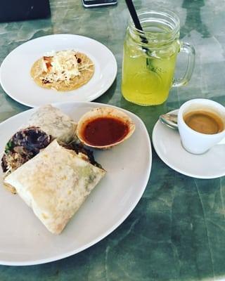 Delicious Mahi Mahi taco, savory Carne Asada fajita burrito, espresso & Coconut ginger green tea