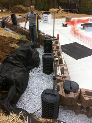 Installation of "sleeve it's" product for proper installation of railing behind a retaining wall.