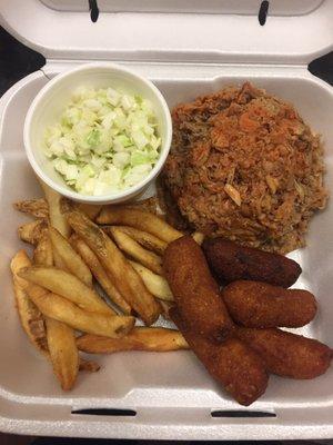 BBQ plate with chopped pork, hushpuppies, slaw, and fries.