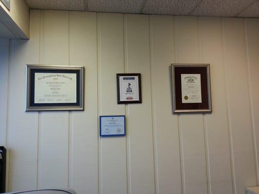 Penn State Law School Diploma and other certificates.