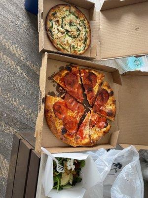 Pepperoni pizza, personal chicken pesto, half Sonoma salad.