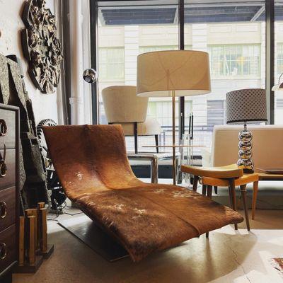 Vintage cowhide chaise longue available at cityFoundry in Industry City