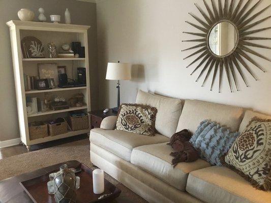 Earthy neutral family room in Frankfort, IL