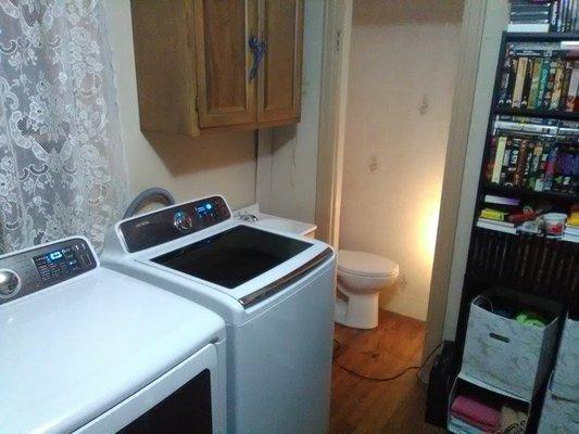 Transformed closet into half bath, sink outside door, installed washer and dryer. Custom installed plumbing, electrical, etc.